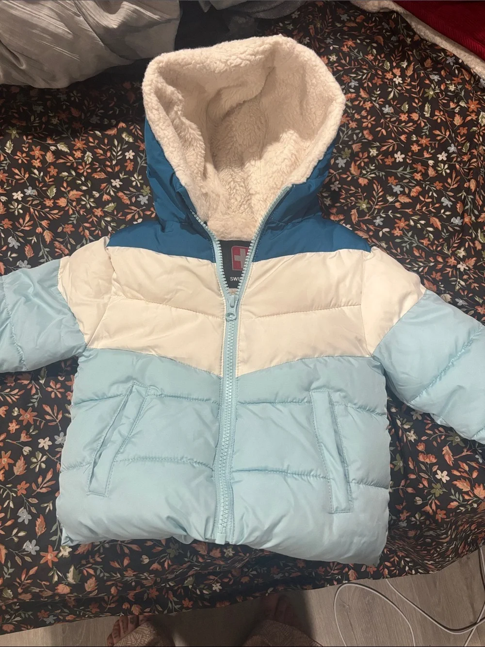 Swiss Tech Kids Tri-Tone Blue & White Puffer Jacket with Sherpa Hood
